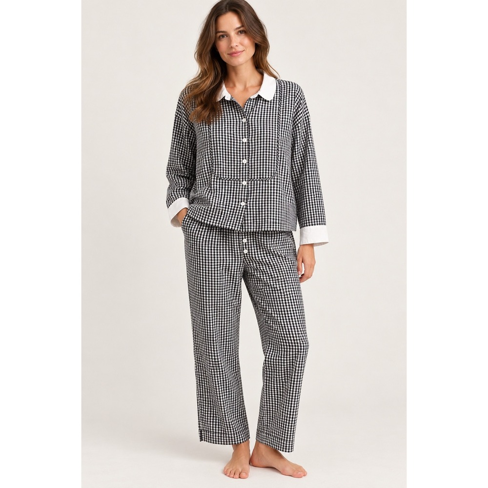 J.Crew Womens Gingham Cotton Pajama Set Black White BU912 Large